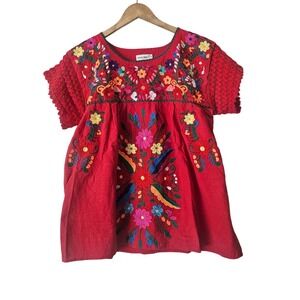 YZXDORWJ Red Floral Embroidered Mexican Peasant Blouse M Cotton Boho